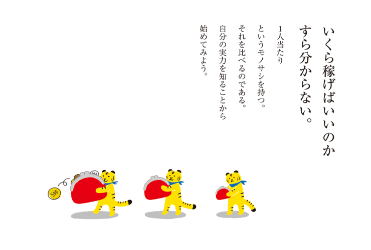 いくら稼げばいいのかすら分からない。1人当たりというモノサシを持つ。それを比べるのである。自分の実力を知ることから始めてみよう。