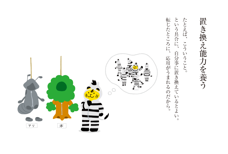 置き換え能力を養うたとえば、こういうこと。という具合に、自分事に置き換えているとよい。転じたところに、応用がうまれるのだから。