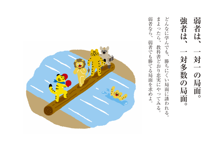 どんなに学んでも、勝ちにくい局面に誘われる。まよったら、教科書どおり忠実にやってみる。弱者なら、弱者でも勝てる局面を求めよ。